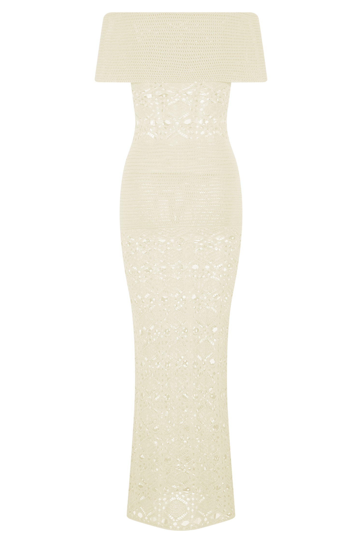 Ivory Off Shoulder Crochet Knit Maxi Dress