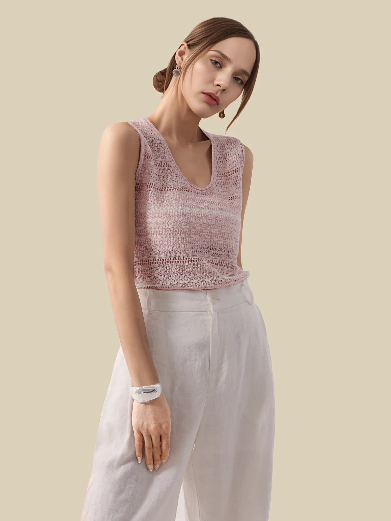 Lyocell & Silk U Neck Sleeveless Striped Vest