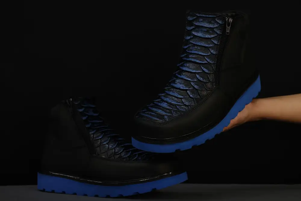 Men’s Black Python Cowboy Shoes With Ultra Light Blue Soles