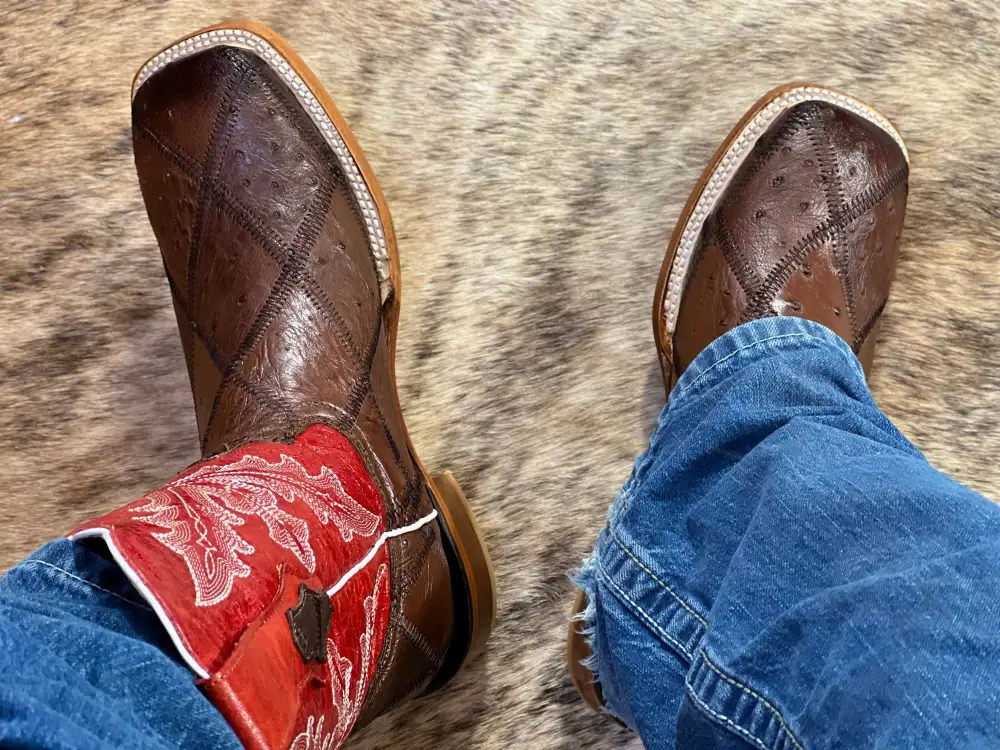 Men’s Genuine Patchwork Brown Ostrich with Red Shaft