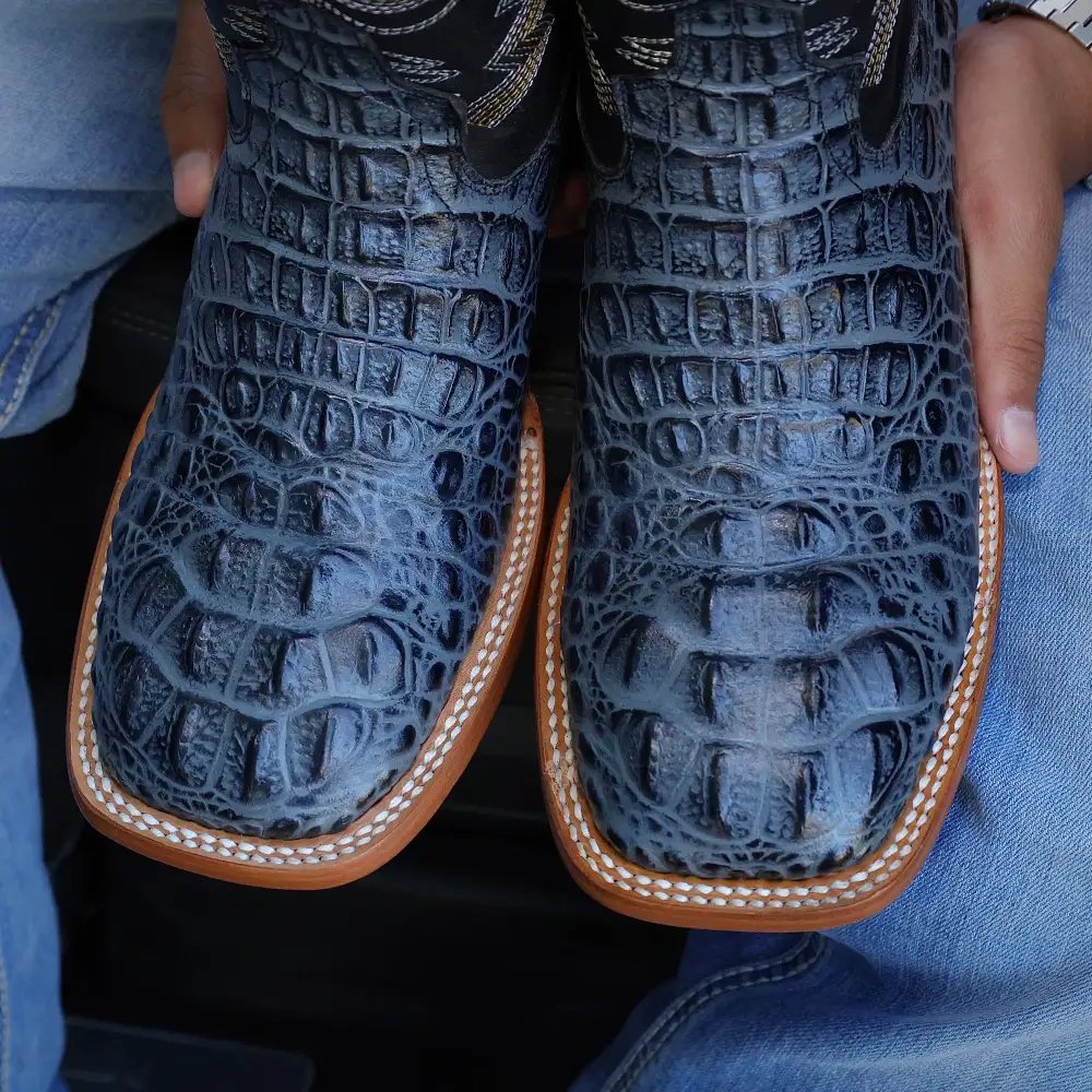 Grey Caimán Neck Leather Boots With Black Shaft — Square Toe