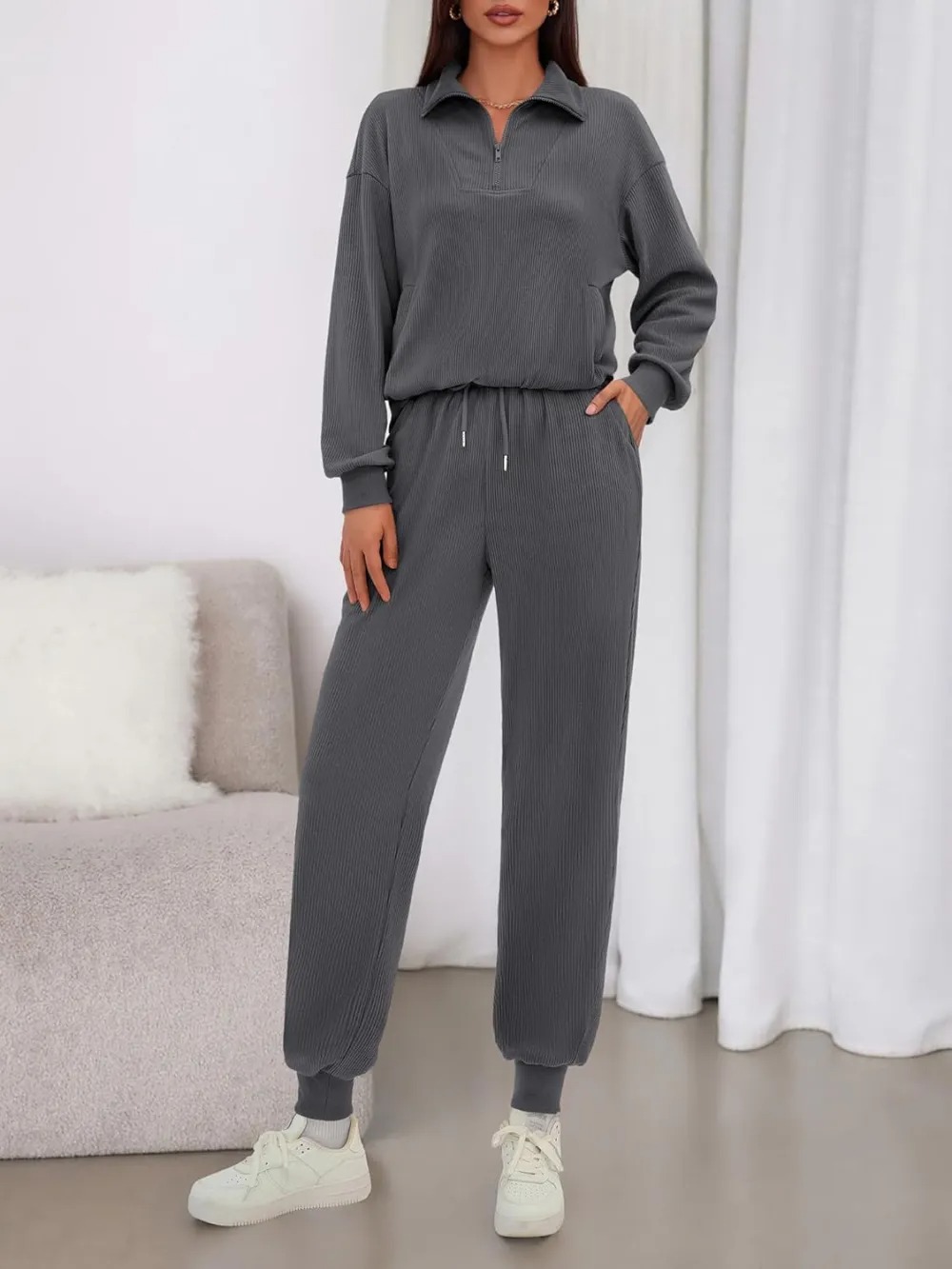 Women's Long Sleeve Half Zip Sweatshirt Sweatpants Lounge Set Sweatsuits with Pockets