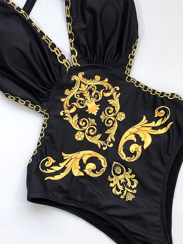 V-Neck Hollow Backless Printing One-Piece Swimwear