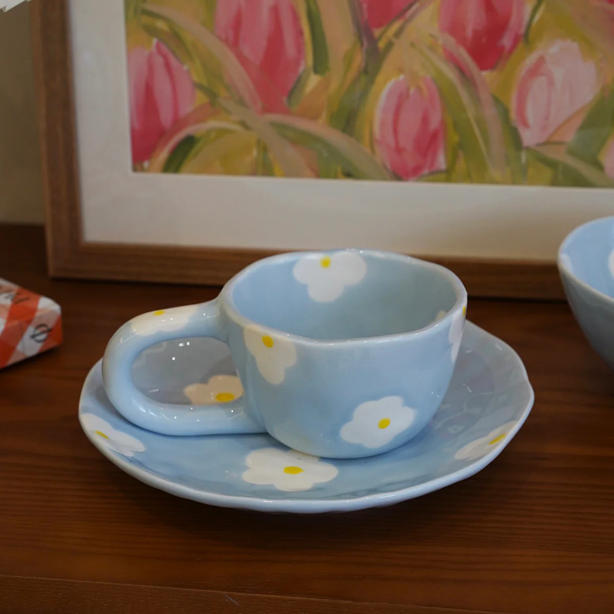 3PC Ceramic Painted Flower Plate, Bowl & Mug
