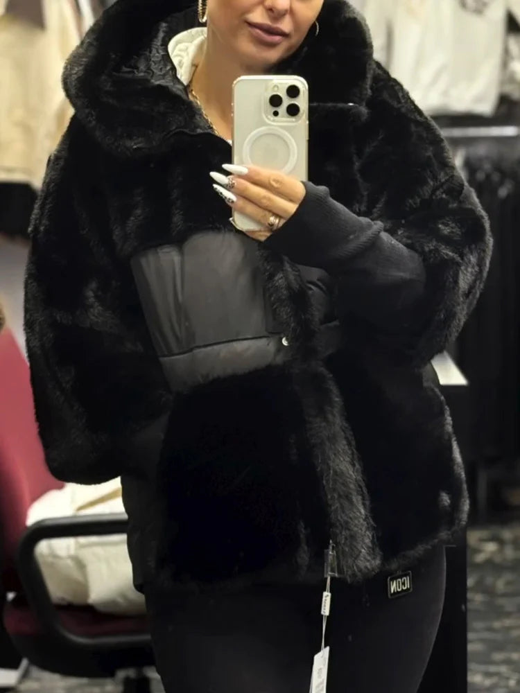 Women Hooded Plush Patchwork Casual Coat