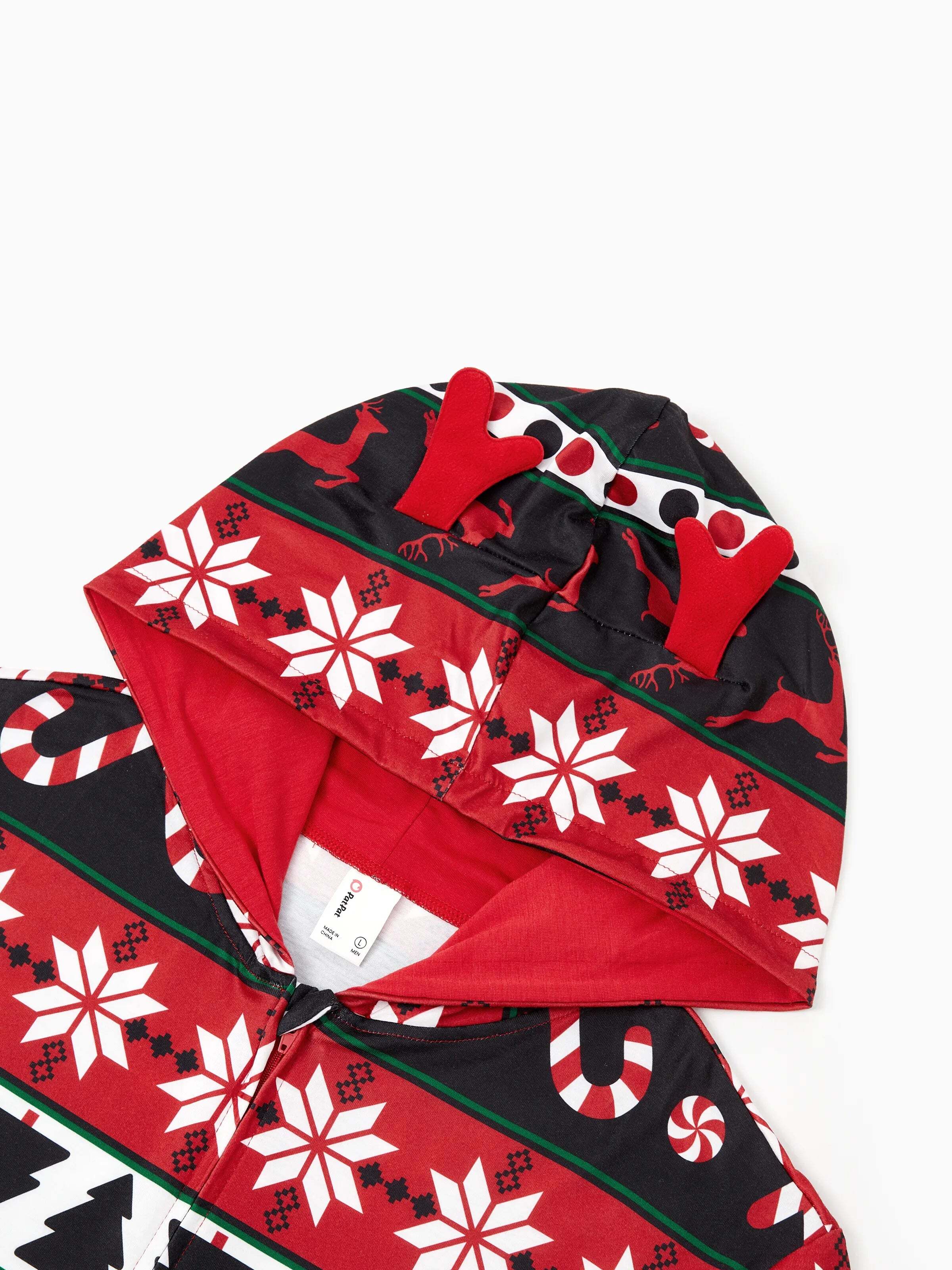 Christmas Pajamas 3D Reindeer Pattern Zipper Hooded Onesies Matching Family Outfits red/black