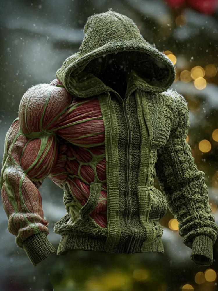 Men's Artistic Lines Coarse Needles Muscle Warmth Hooded Cardigan Sweater