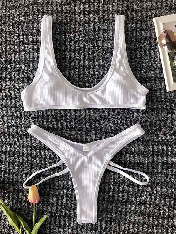 Solid Color U-Neck Bralette Hipster Hollow Bikini Swimwear