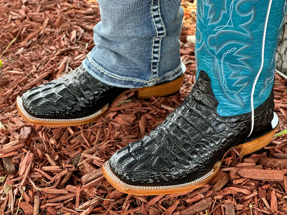 Men’s Black Crocodile Leather Boots With Turquoise Shaft