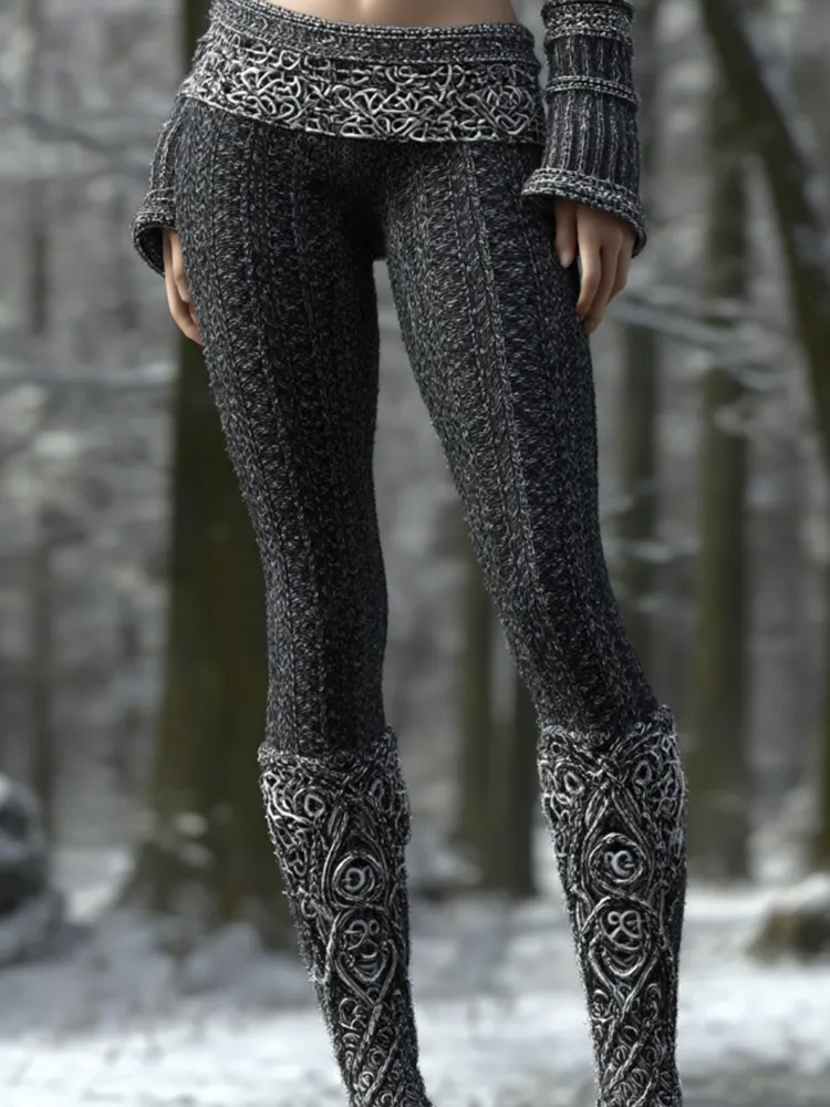 Vintage Viking Pattern Art Knit Cozy Leggings