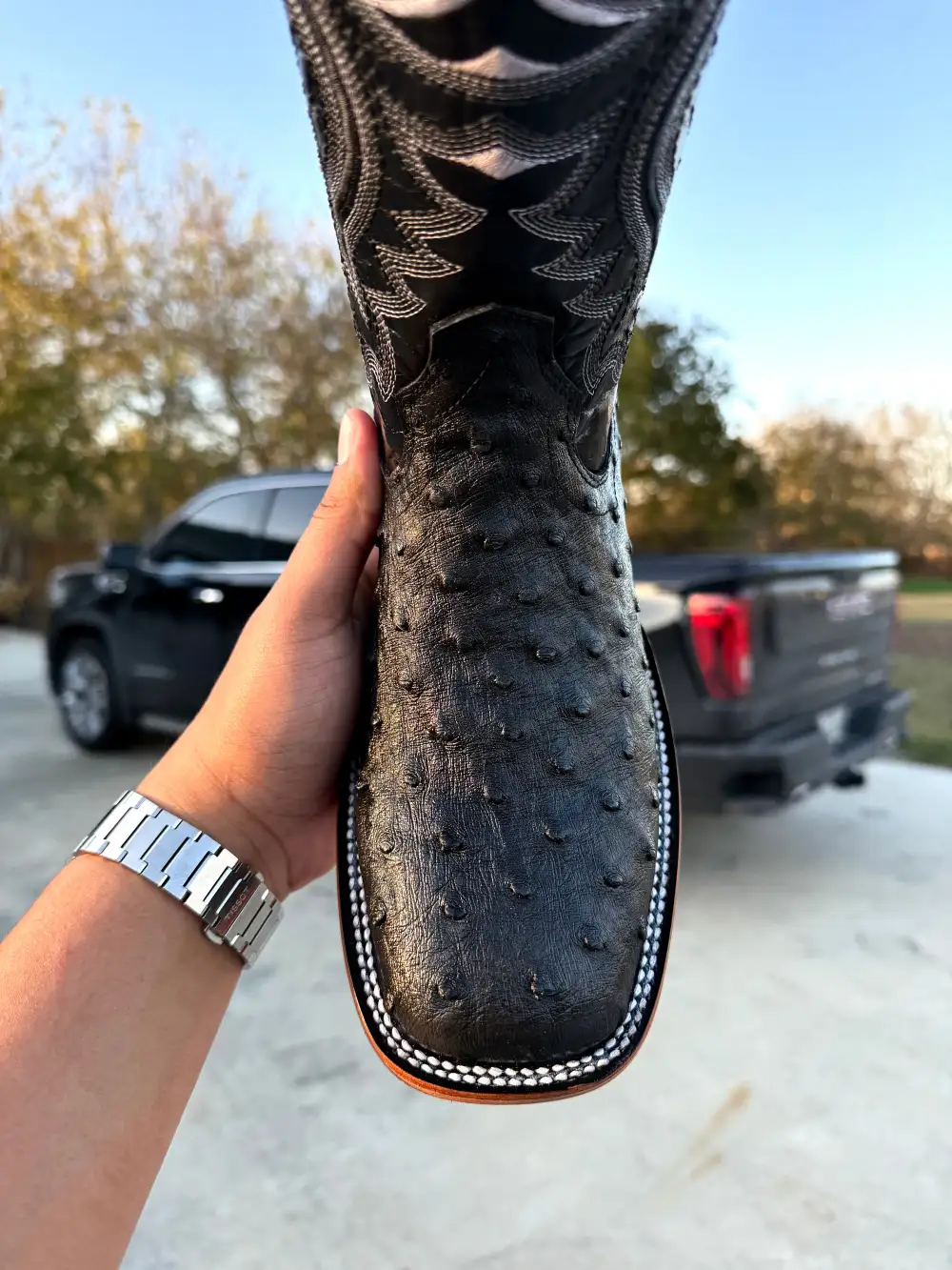 Black Ostrich Leather Boots - Square Toe