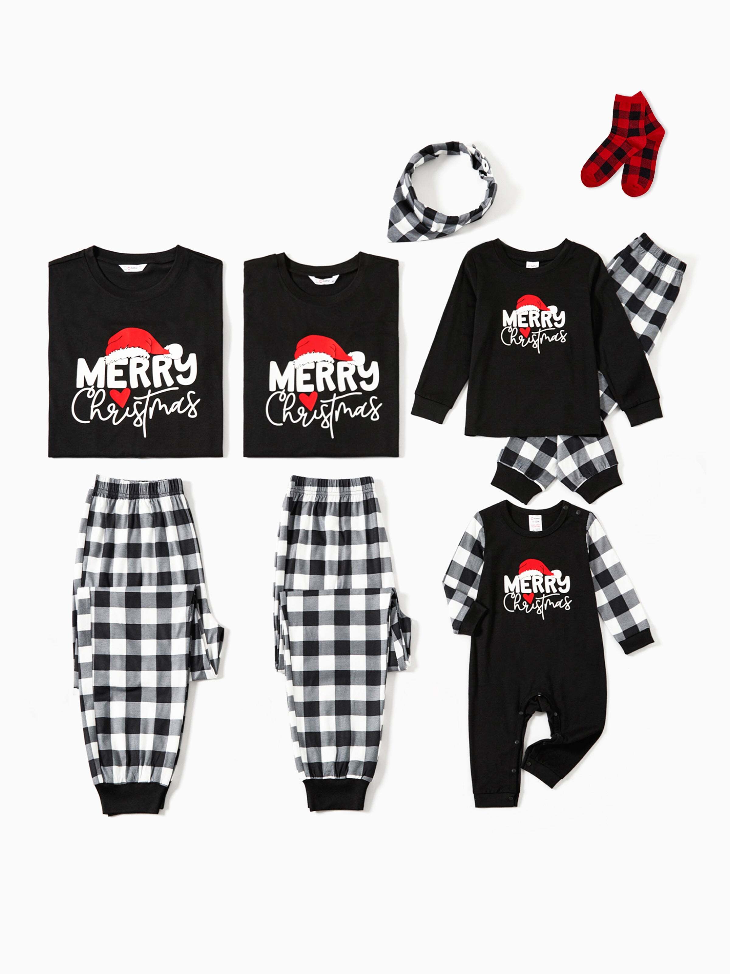 Christmas Family Matching Glow In The Dark Letters Print Long-sleeve Pajamas Sets with Christmas Socks Black+White