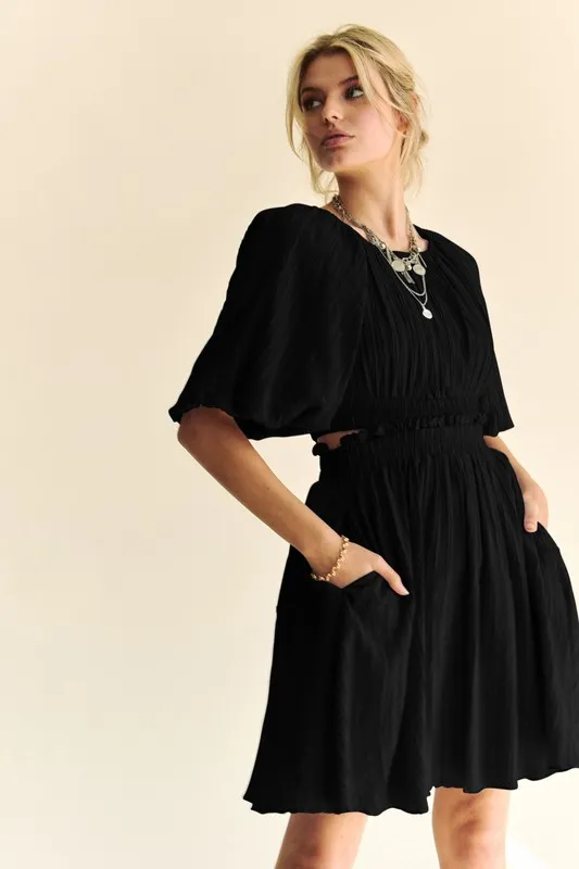 Back Button Puff Sleeve Mini Dress
