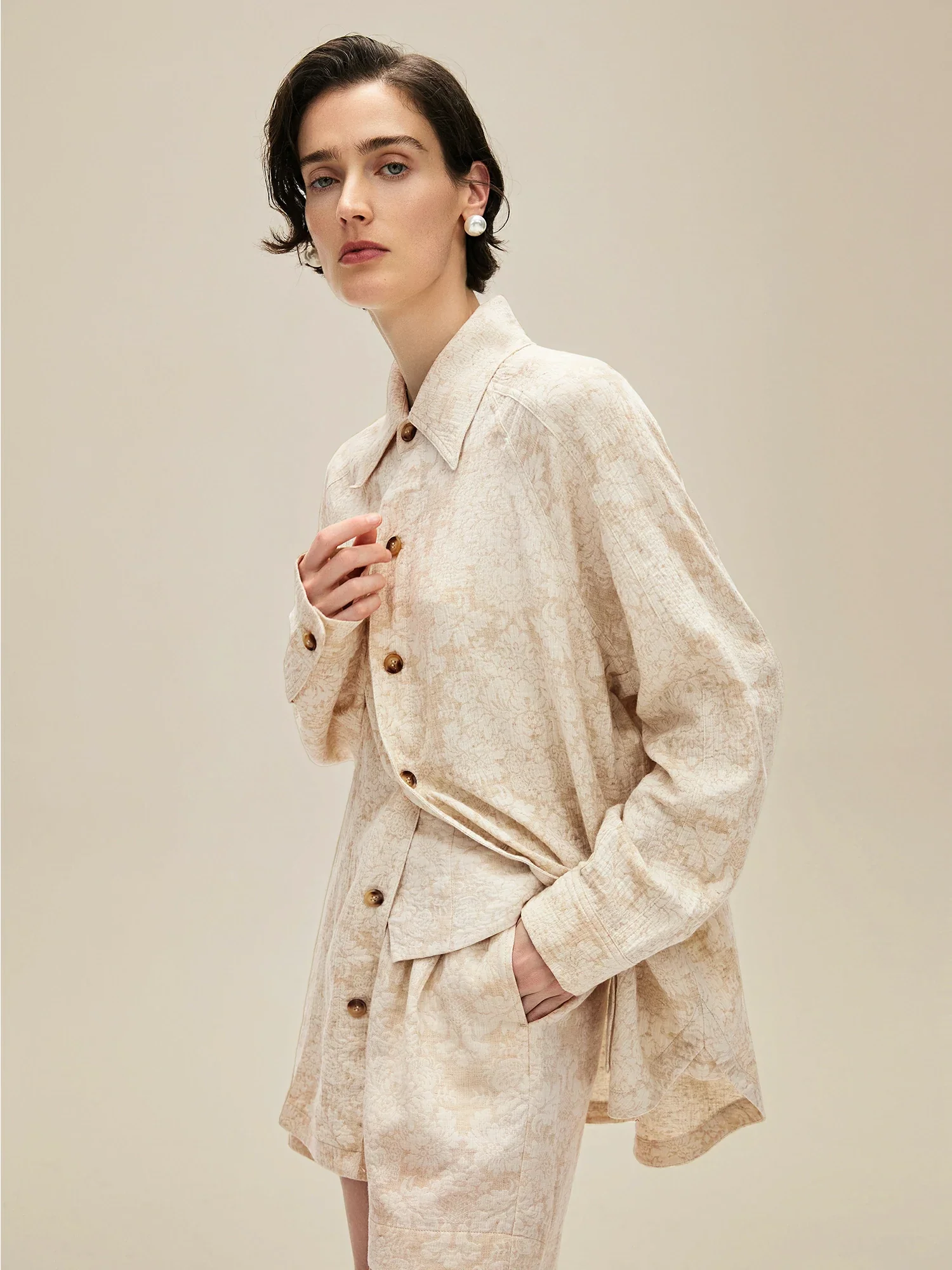 Cotton & Linen Lapel Long Sleeve Jacquard Blouse