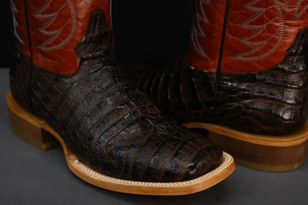 Chocolate Brown American Gator Belly Leather Boots — Square Toe