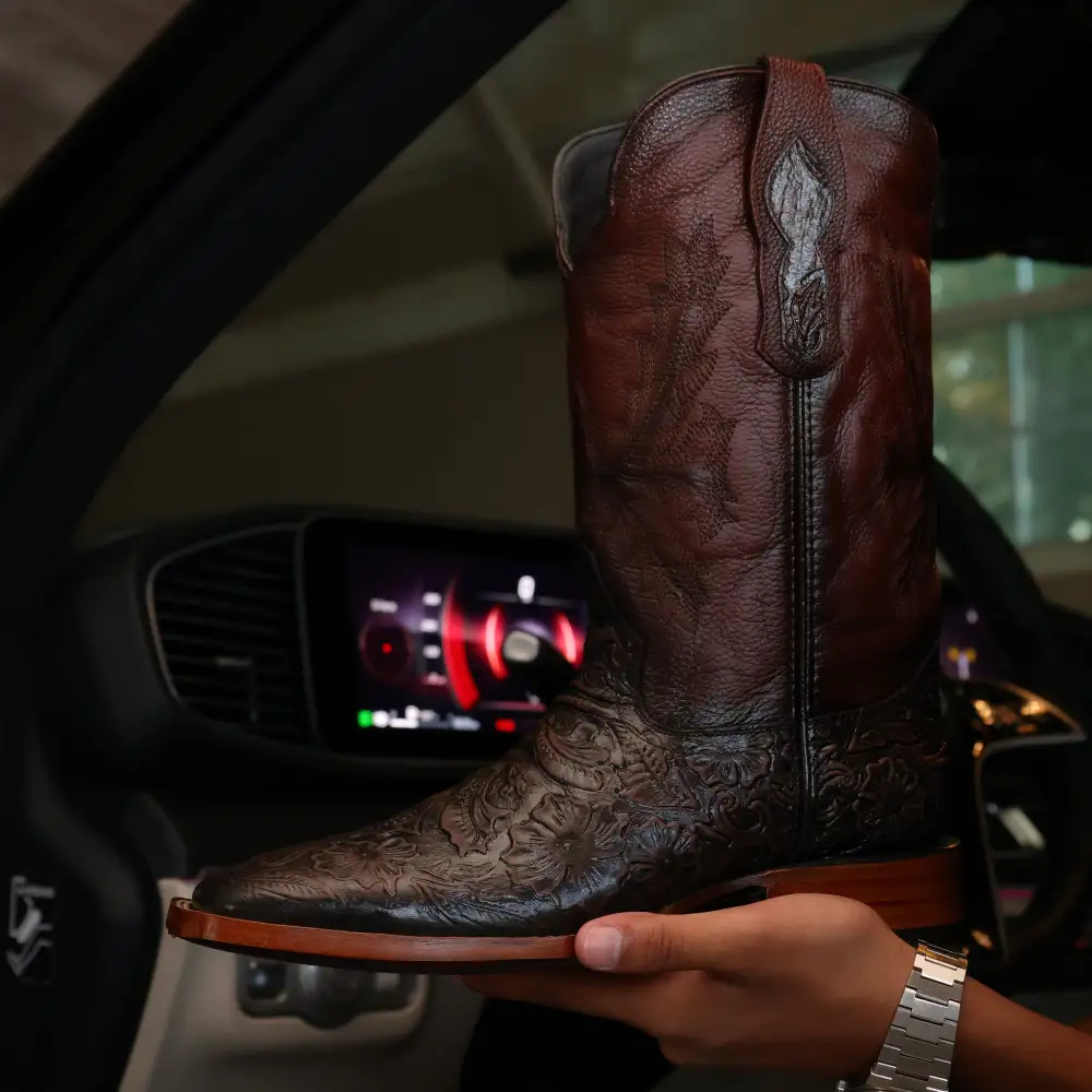 Chocolate Brown Hand-Tooled Leather Boots — Square Toe