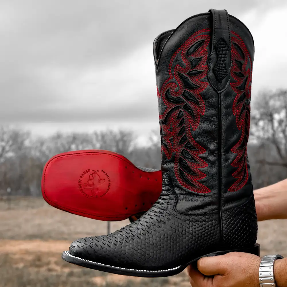 Matte Black Python Leather Boots - Square Toe