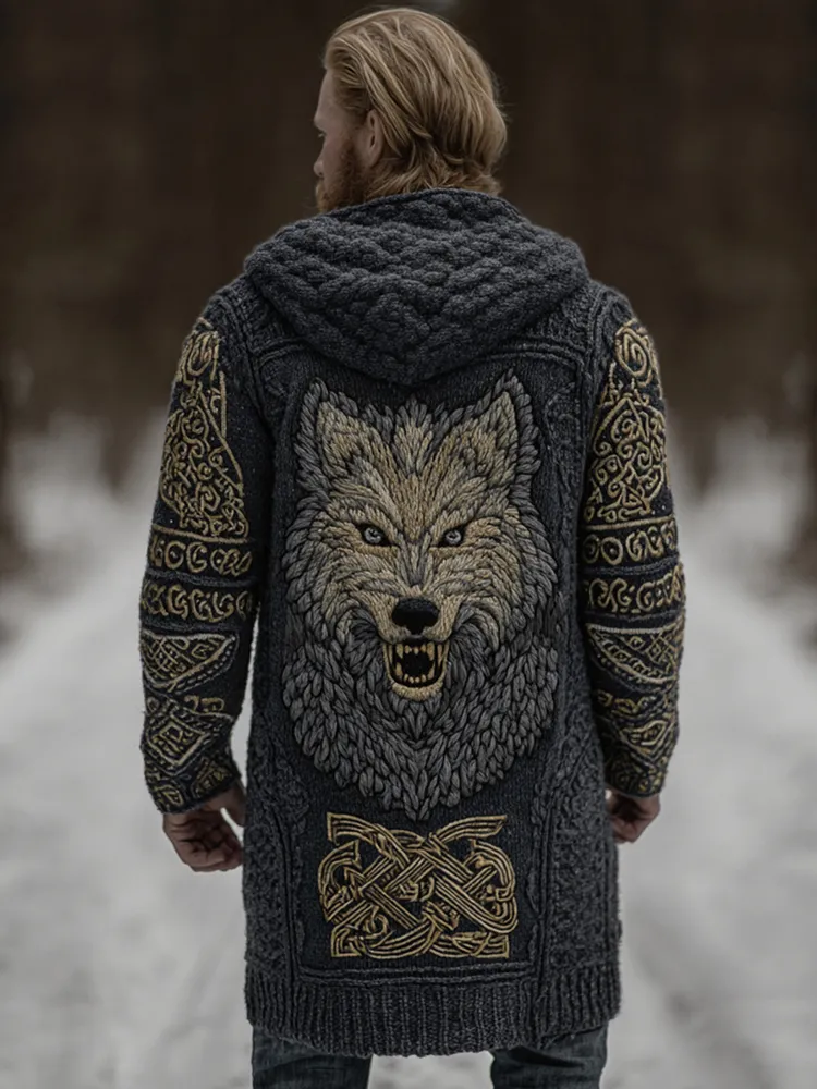 Men's Viking Style Celtic Knot Wolf Head Pocket Midi Cardigan