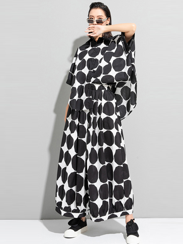 Urban White Black Polk-Dot Printed Wide Leg Pants