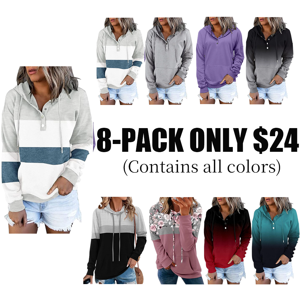 Womens Hooded Button Collar Drawstring Hoodies Pullover Sweatshirts