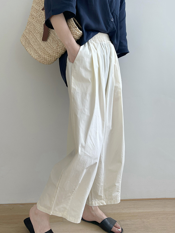 Elasticity Pleated Solid Color Split-Joint High Waisted Loose Trousers Pants