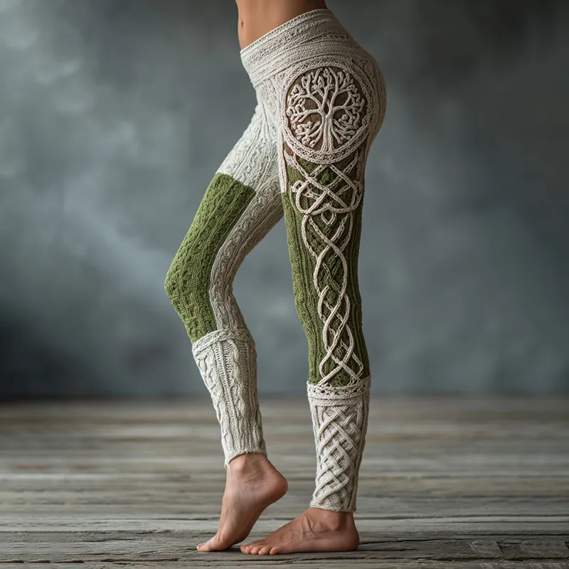 Vintage Viking Tree Of Life Celtic Knot Art Knit Jacquard Cozy Leggings