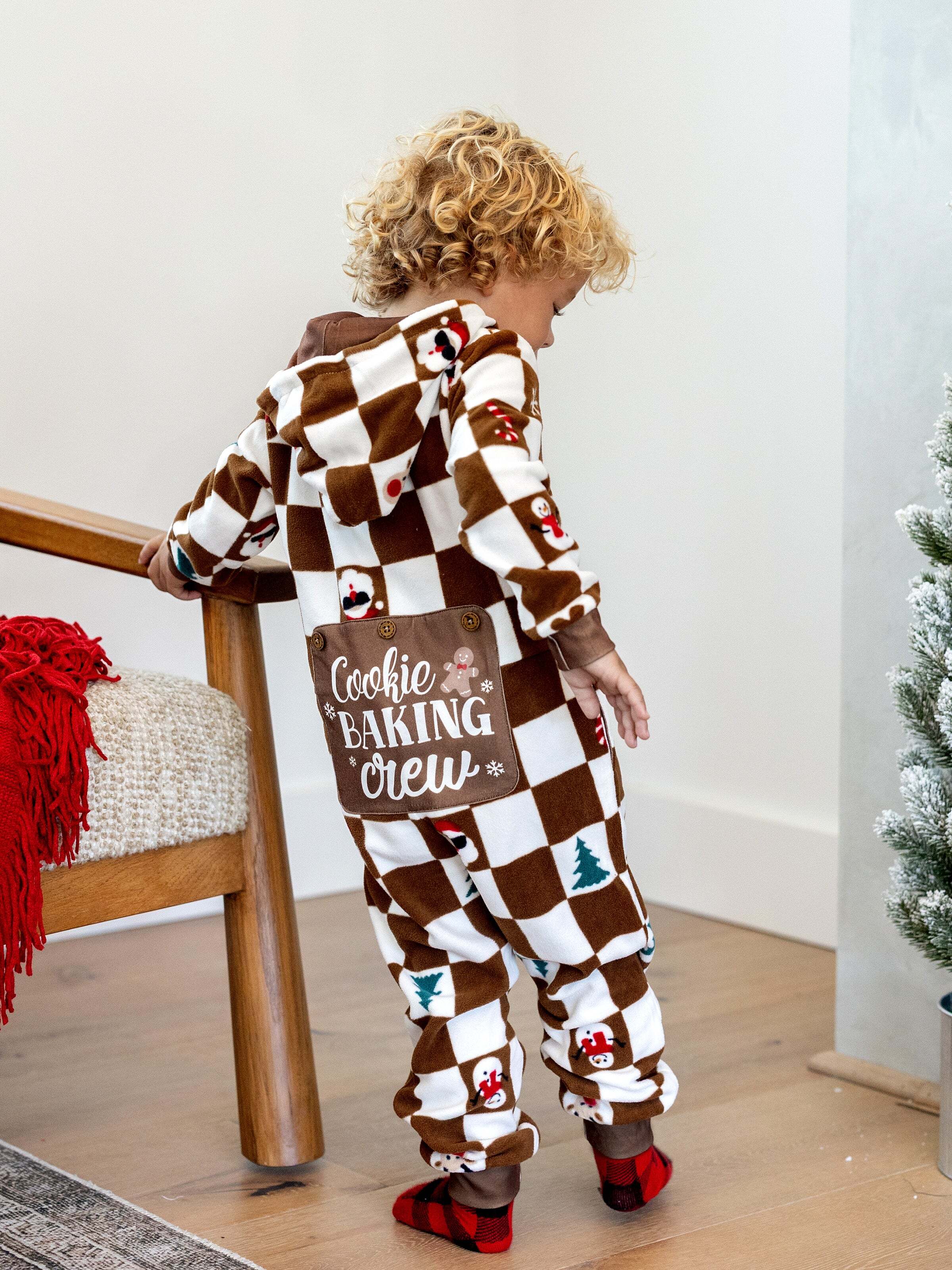 Christmas Onesies Matching Family Fleece Hoodie Pajamas Set Gingerbread Christmas-theme Plaid Print PJS with Christmas Socks Color block