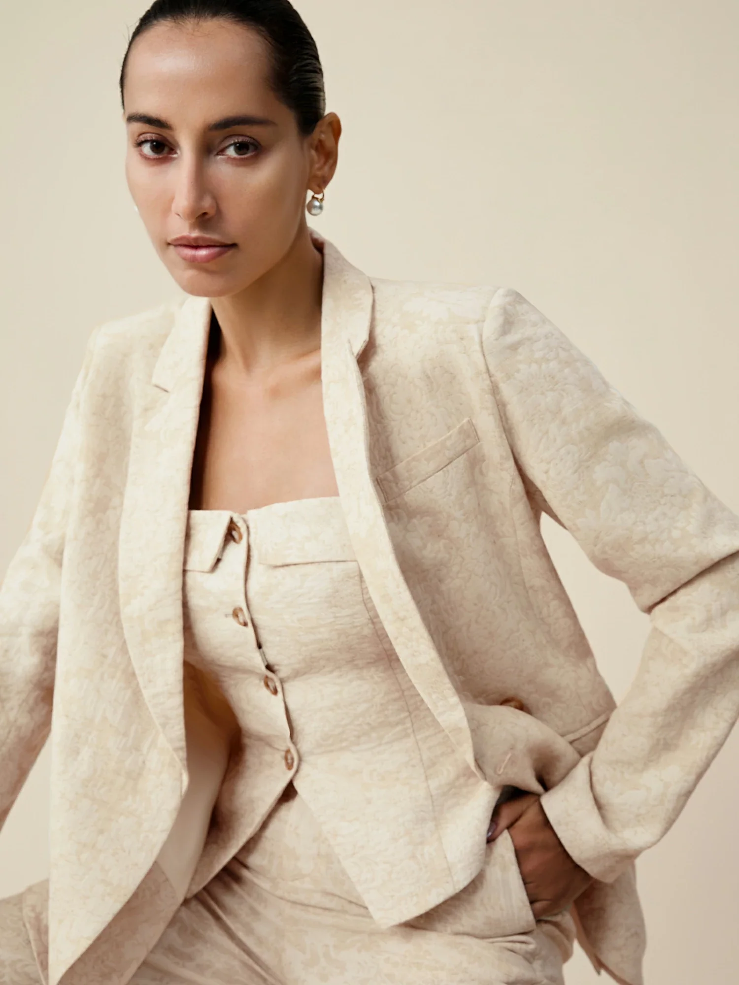 Cotton & Linen Long Sleeve Jacquard Blazer