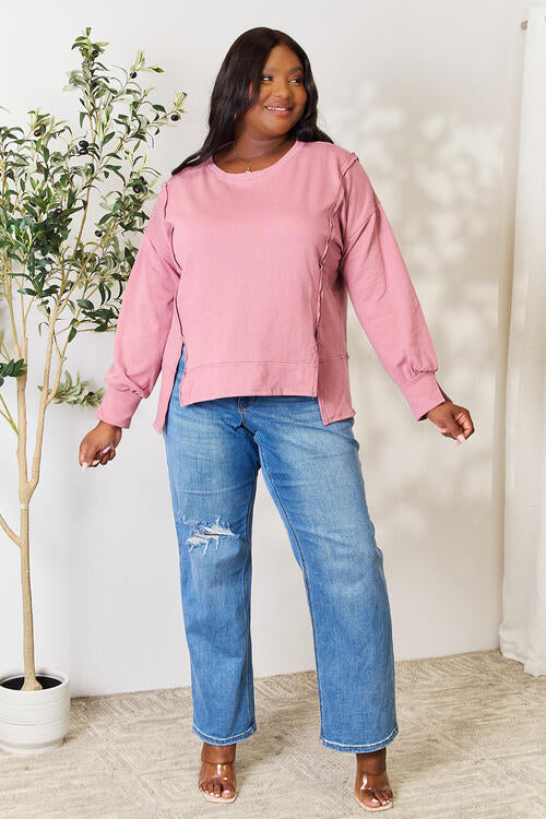 Full Size Round Neck Exposed Seam Slit Top