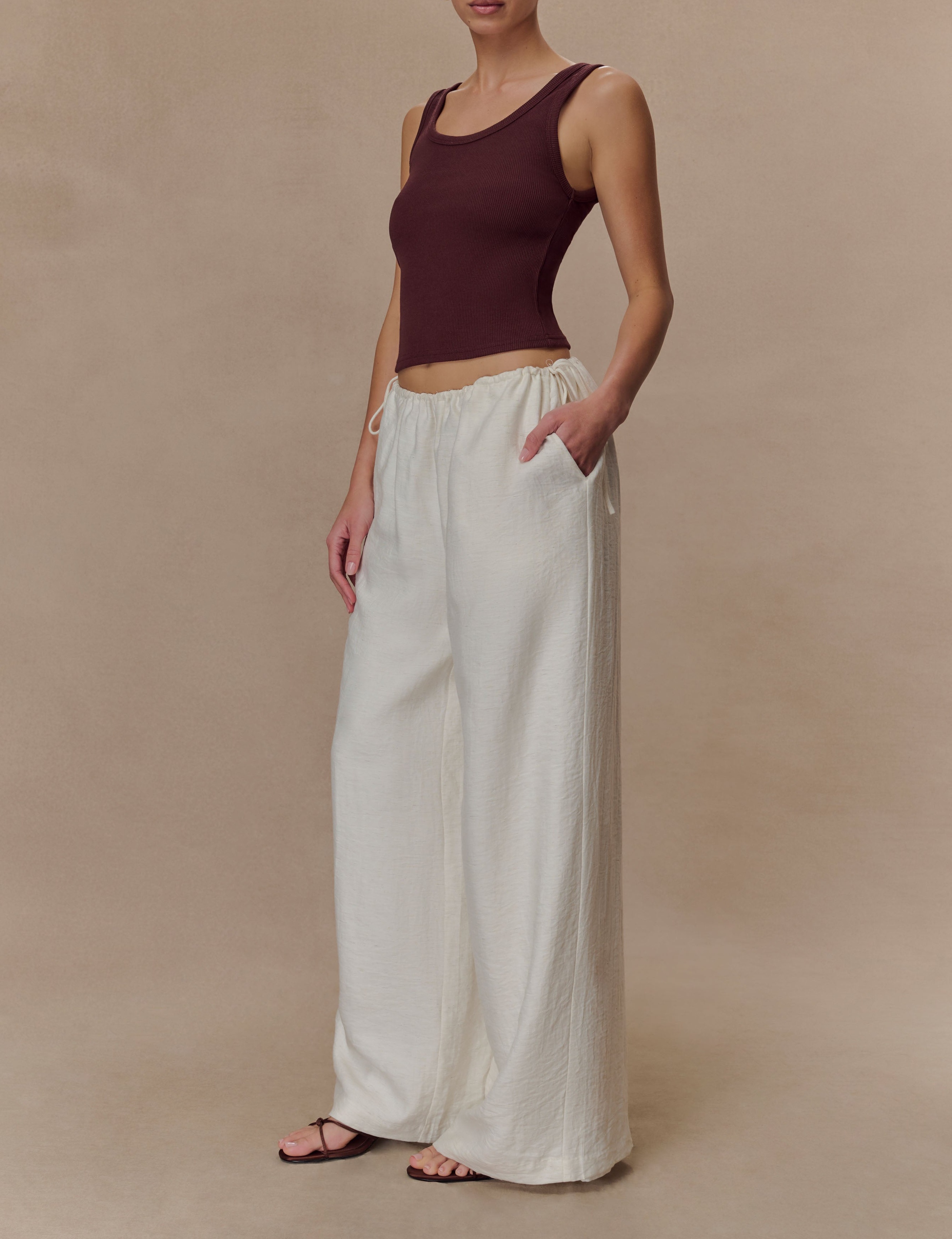White Drawstring Straight Leg Pants