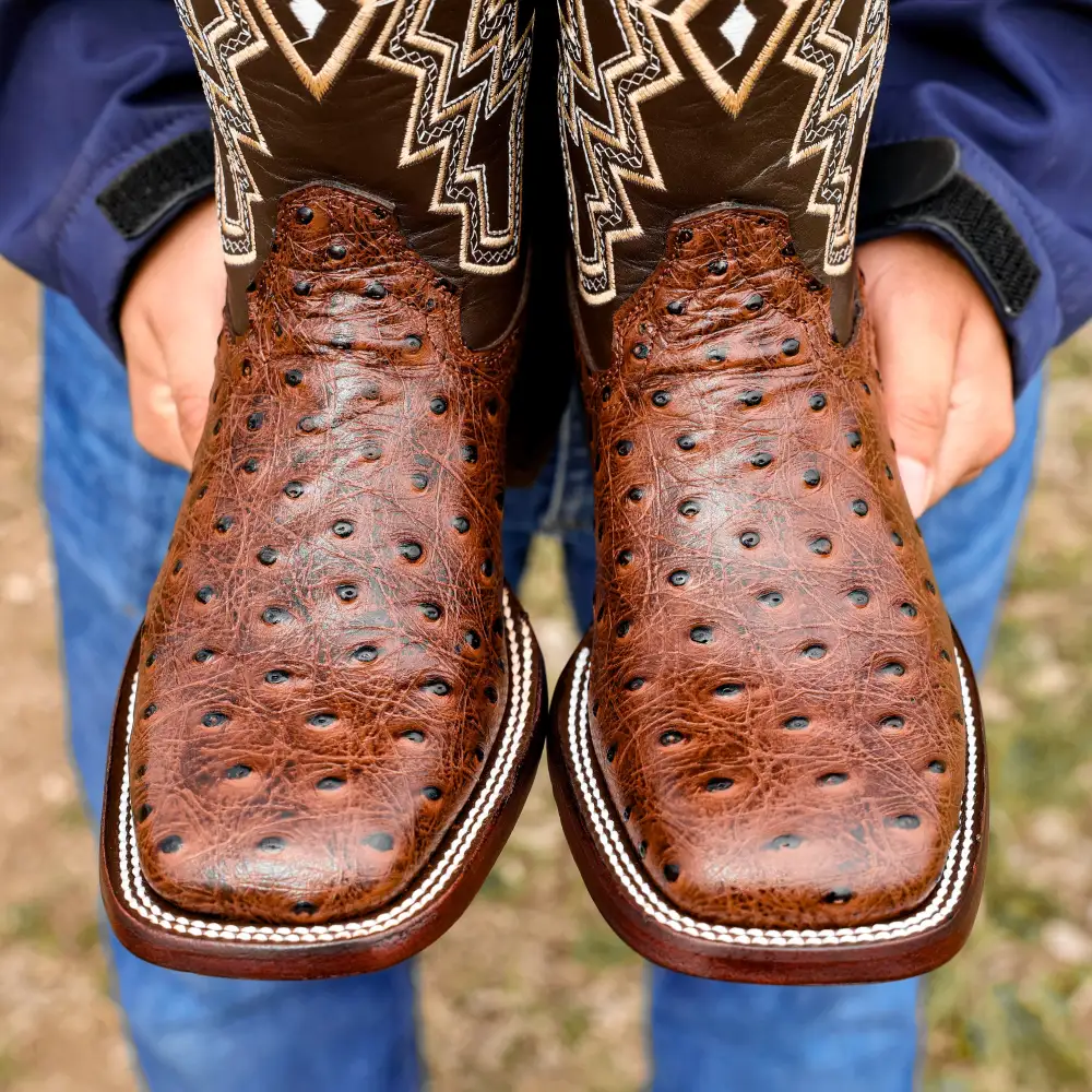 Chocolate Brown Ostrich Leather Boots - Square Toe
