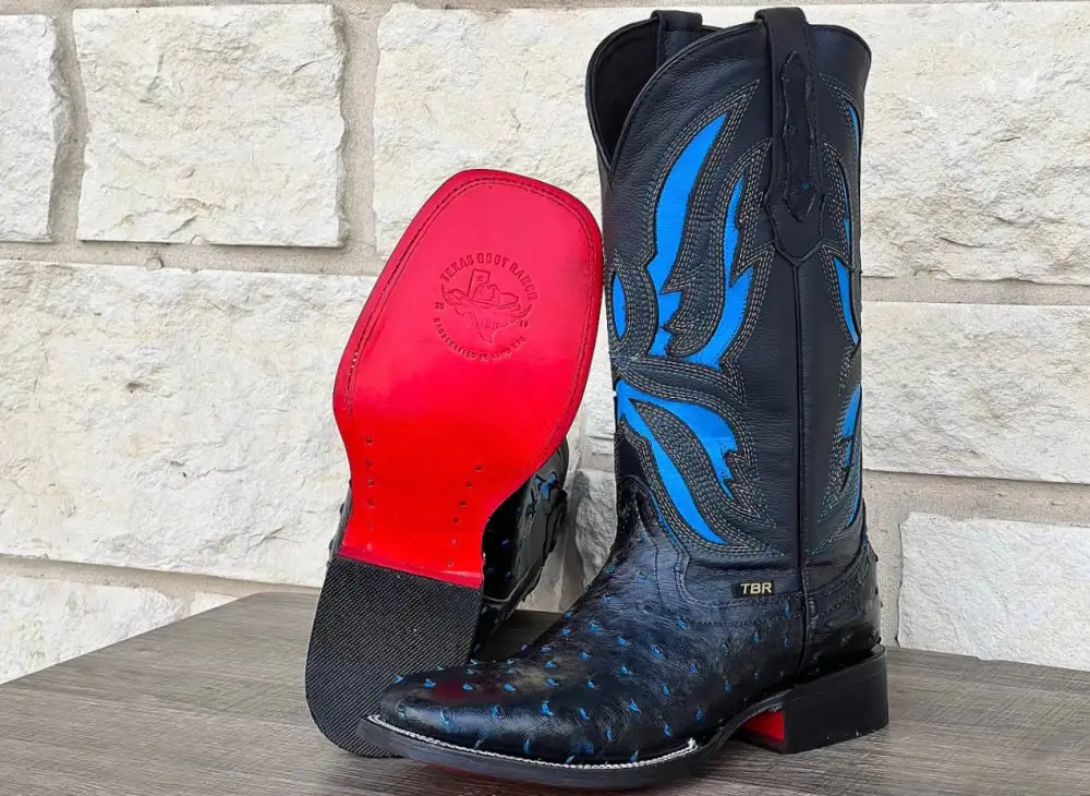 Men’s Black-Blue Ostrich Leather Boots With Red Soles
