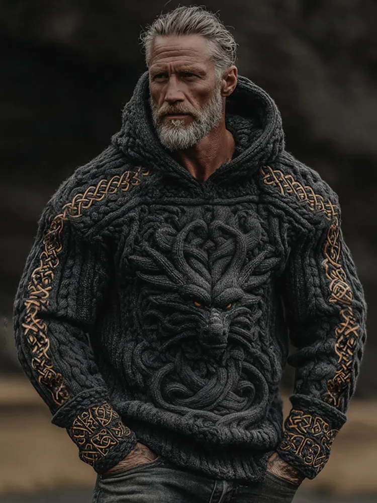 Men's Vintage Viking Dragon Celtic Art Knit Hooded Sweater