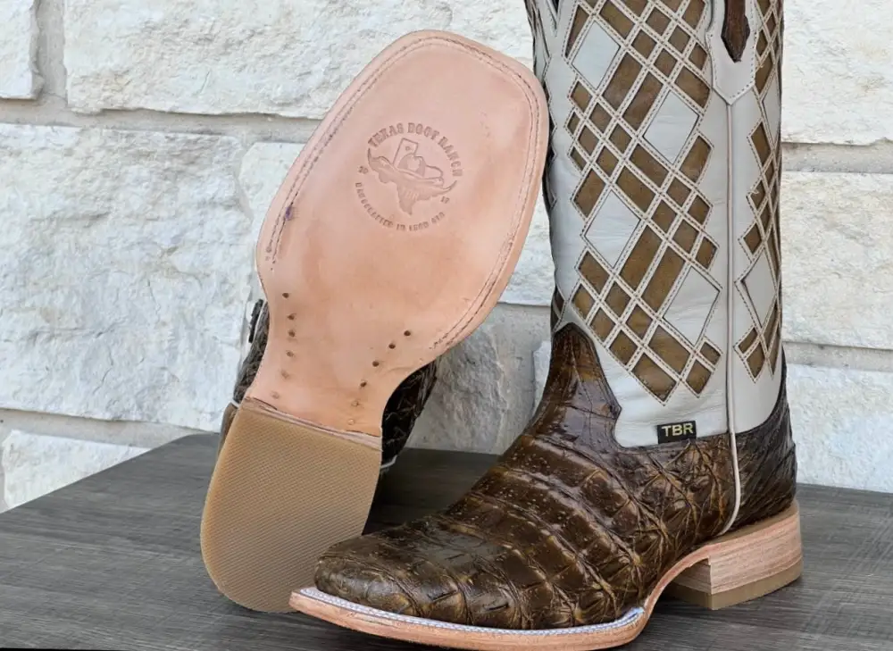 Men’s Honey Rustic Caiman Horn-Back Leather Boots.