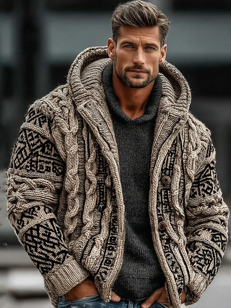 Men's Viking Tribal Art Jacquard Cozy Cardigan Sweater