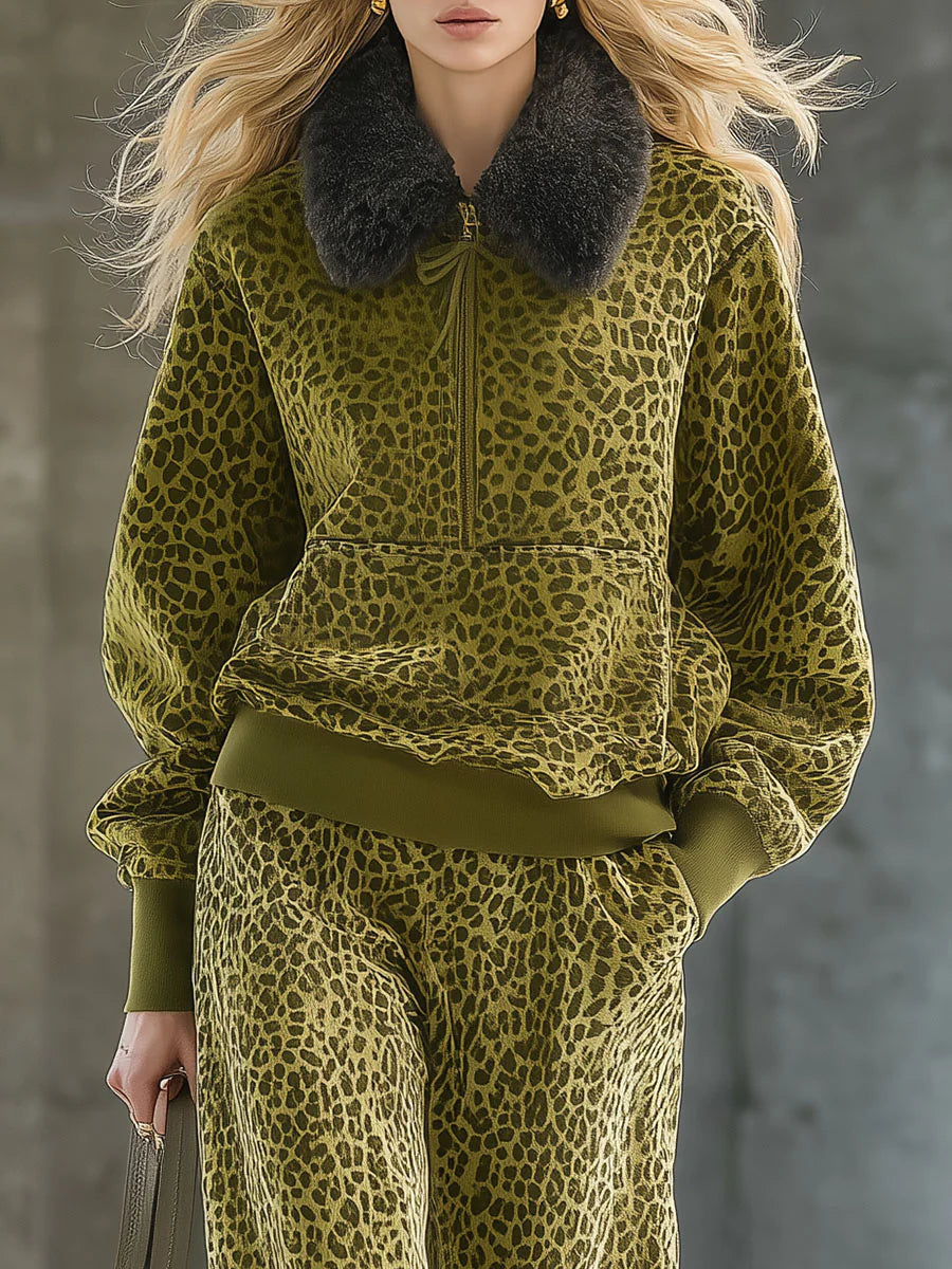 High-end Fashionable Leopard Print Velvet Faux Fur Collar Sweatshirt Wide-leg Pants Suit