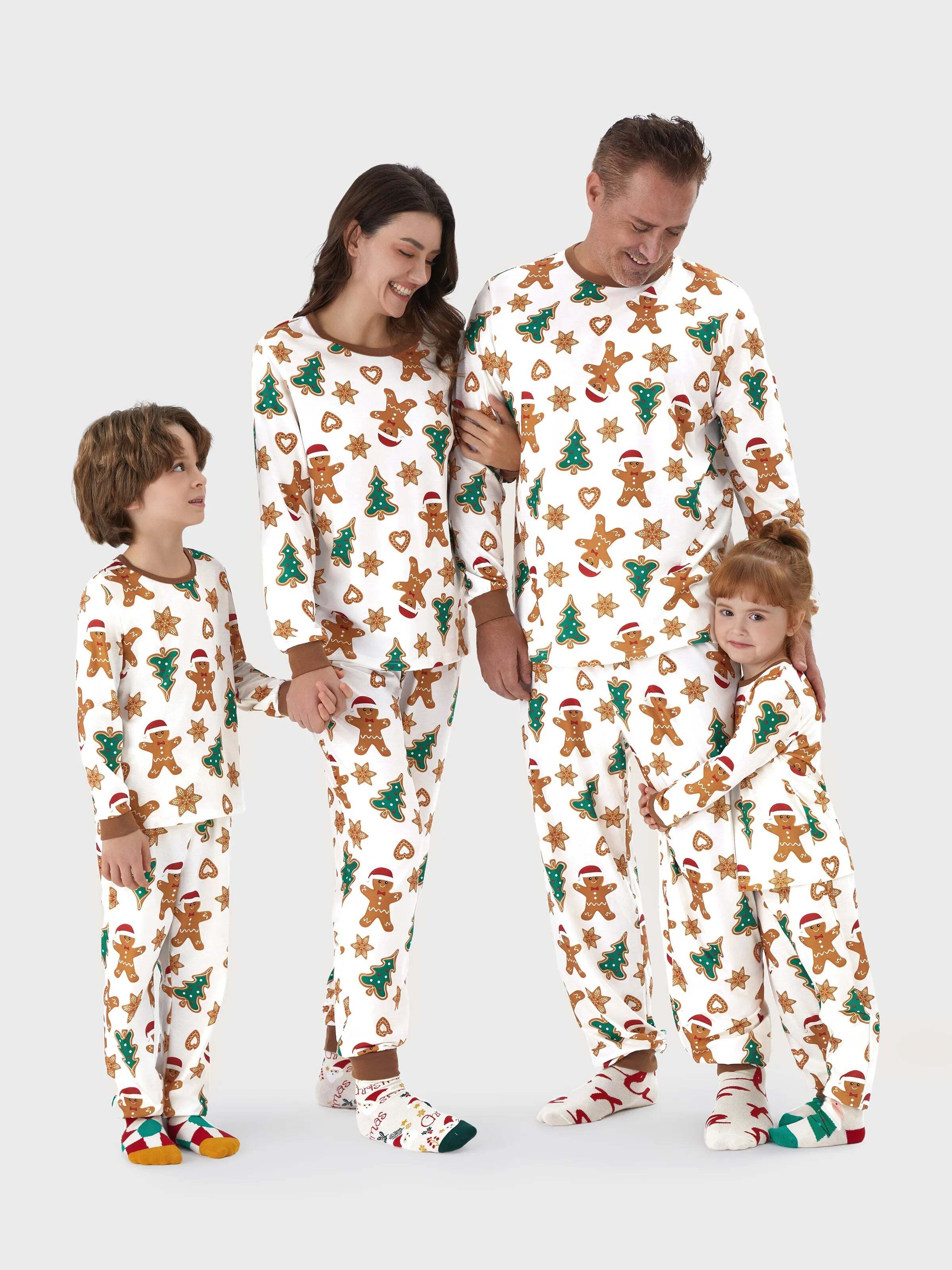 Christmas Family Matching Cartoon Gingerbread Man and Tree All-over Print Long-sleeve Pajamas Sets with Christmas Socks Coffee