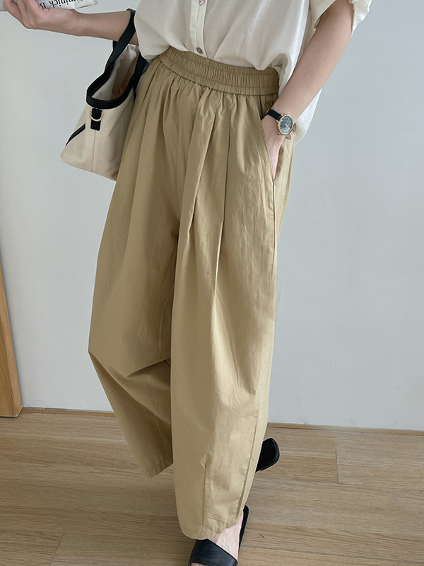 Elasticity Pleated Solid Color Split-Joint High Waisted Loose Trousers Pants