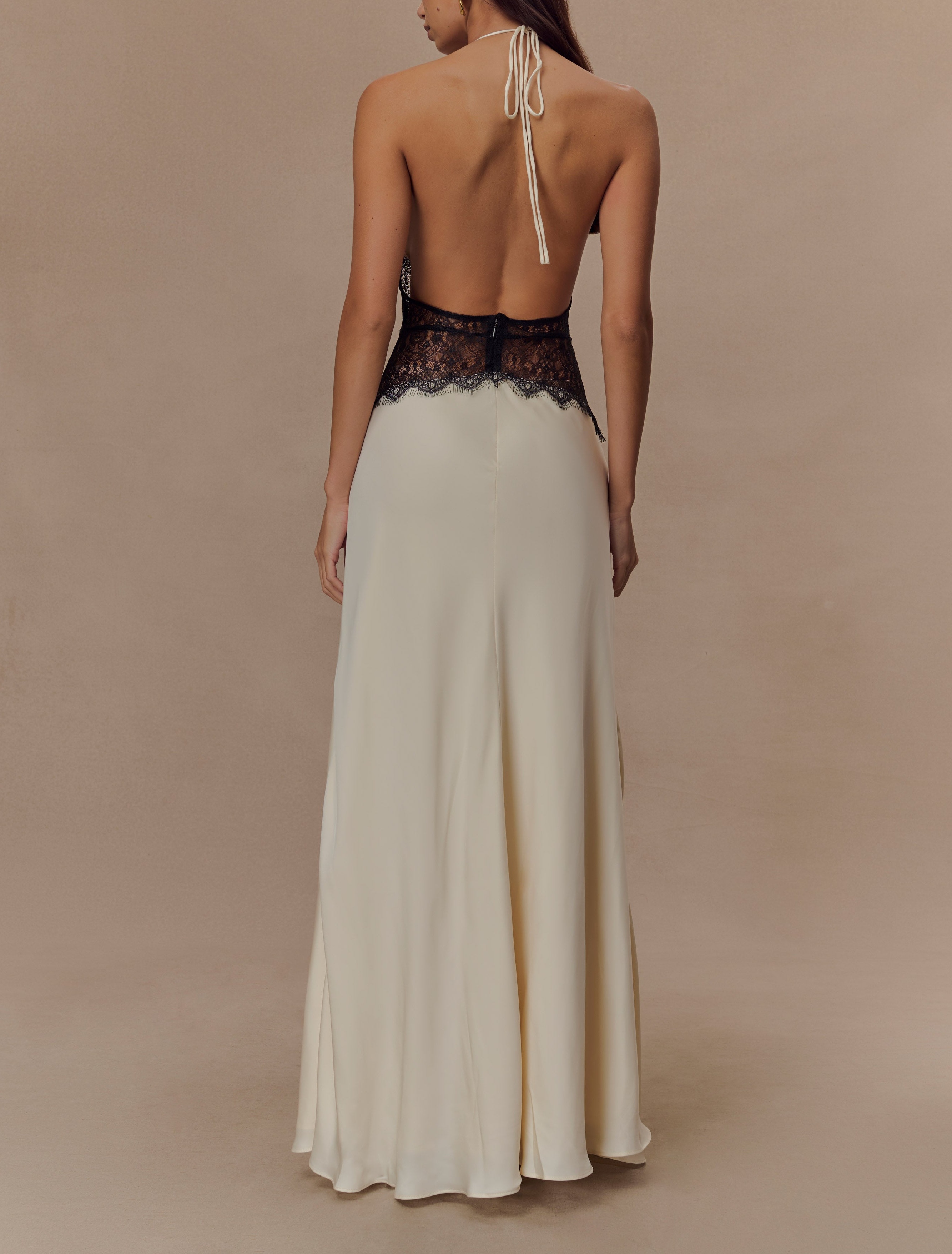 Black/ivory Lace And Satin Maxi Dress