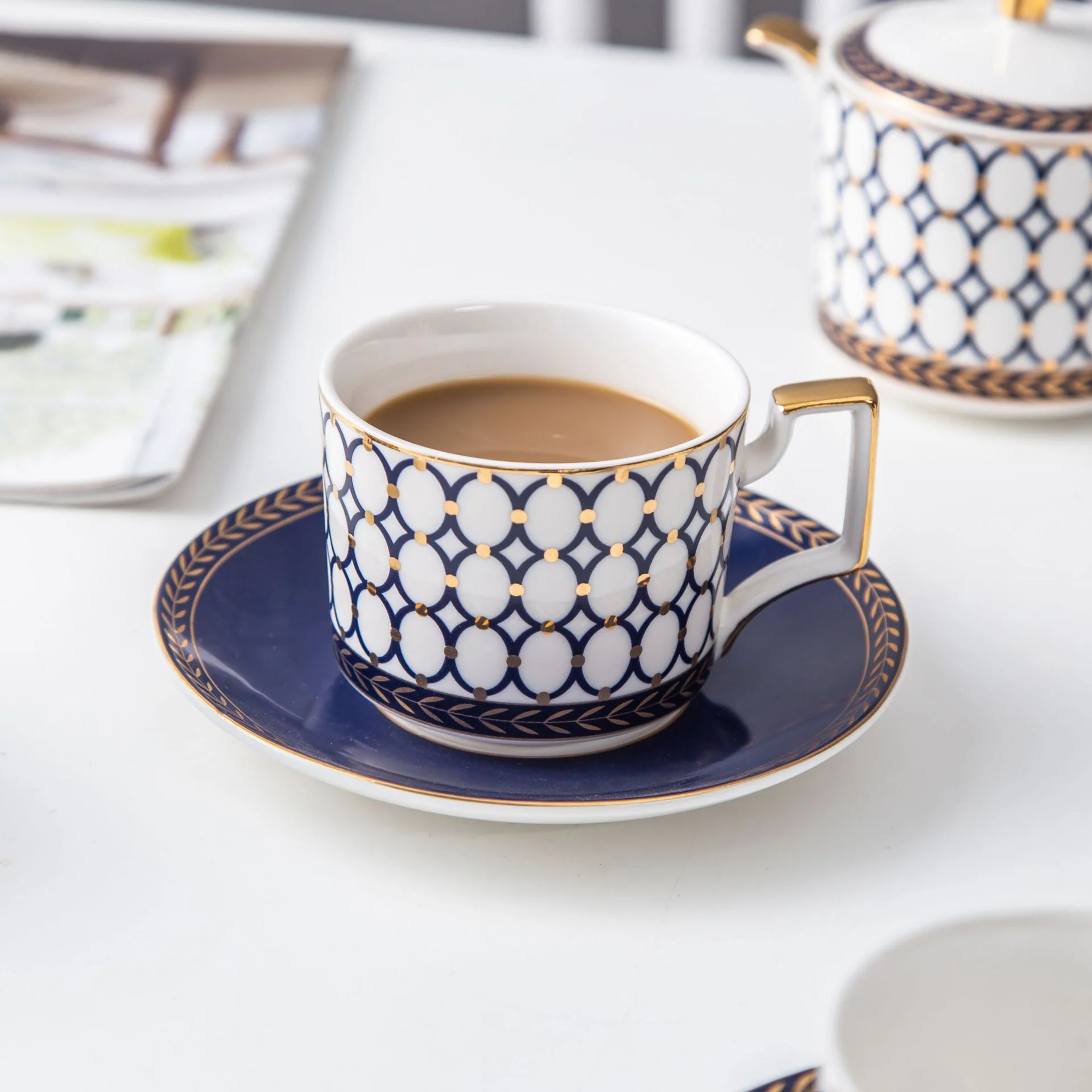 Navy Blue & White Bone China Tea Set