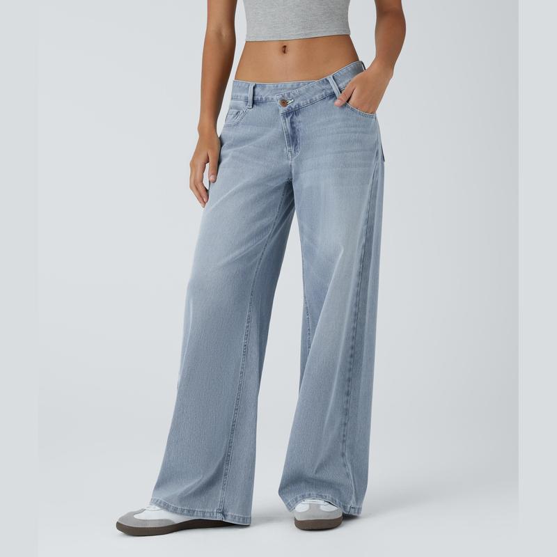 Asymmetric Wide Leg Zipper Pocket Jeans