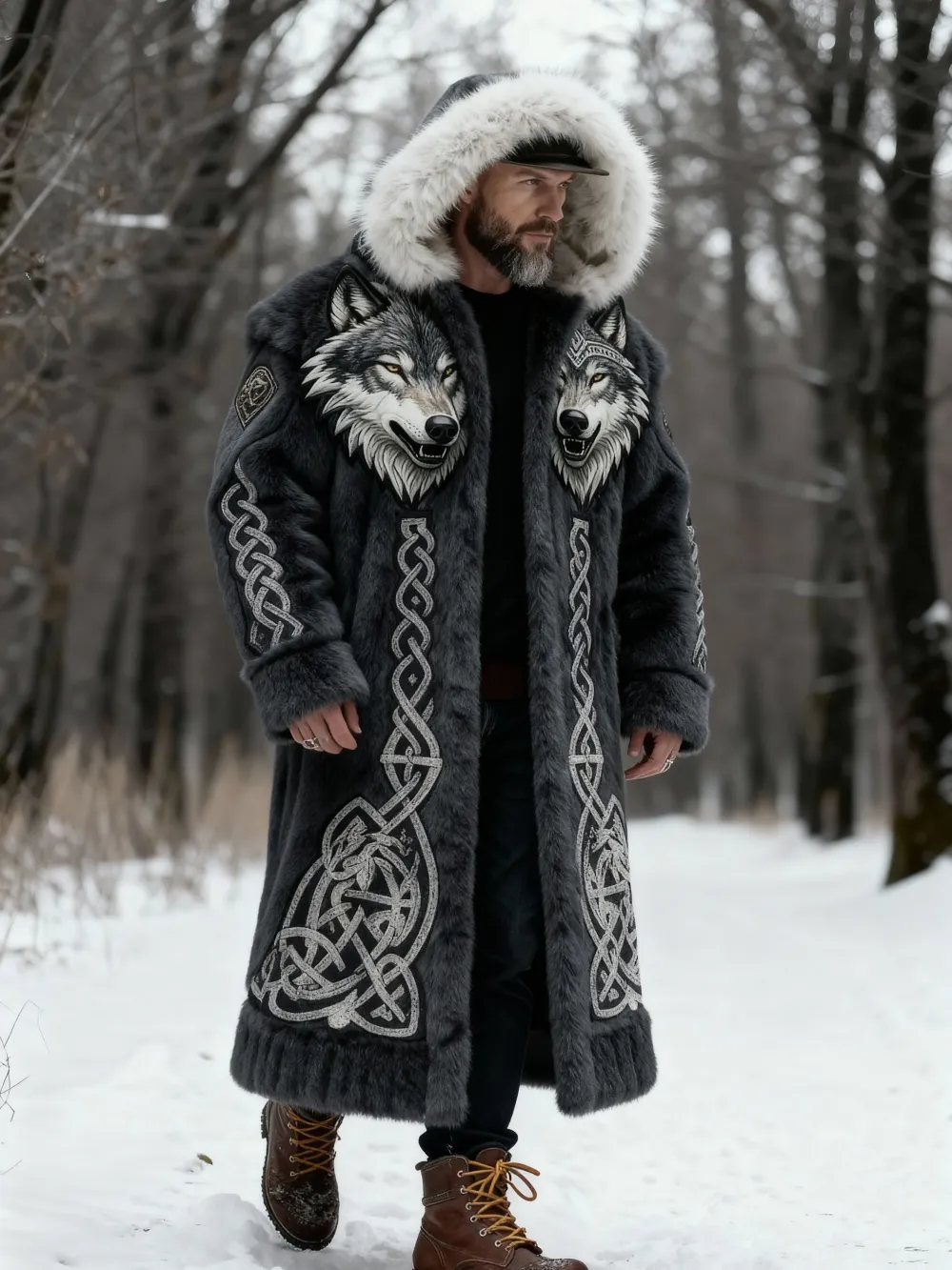 Men's Viking Wolf Fur Length Coat