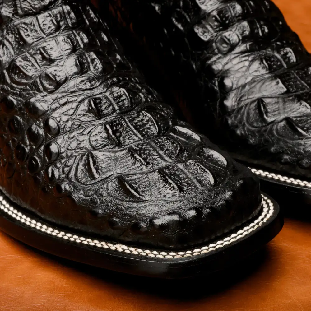 Black Caiman Neck Leather Boots - Square Toe