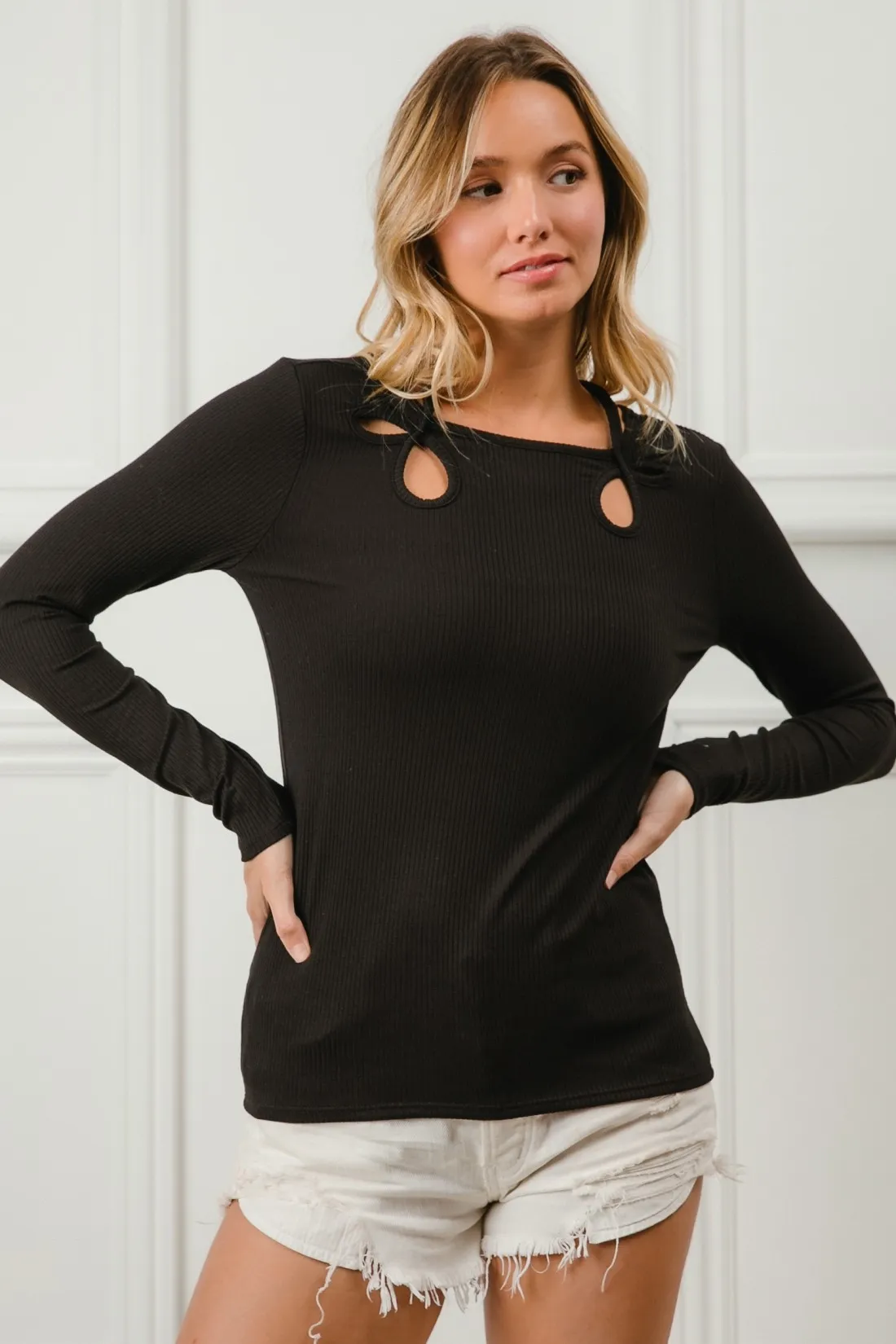 Rib Knit With Cut Out and Tied Neck Detailed Top