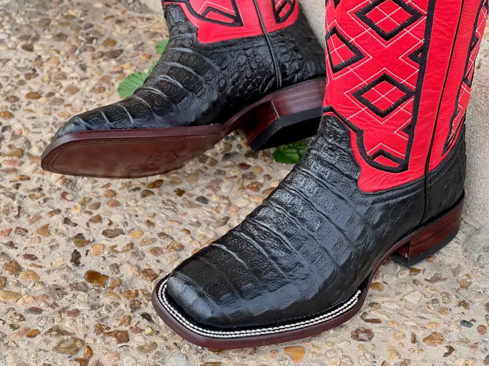 Men’s Black Crocodile Horn-Back Leather Boots With Red Shaft