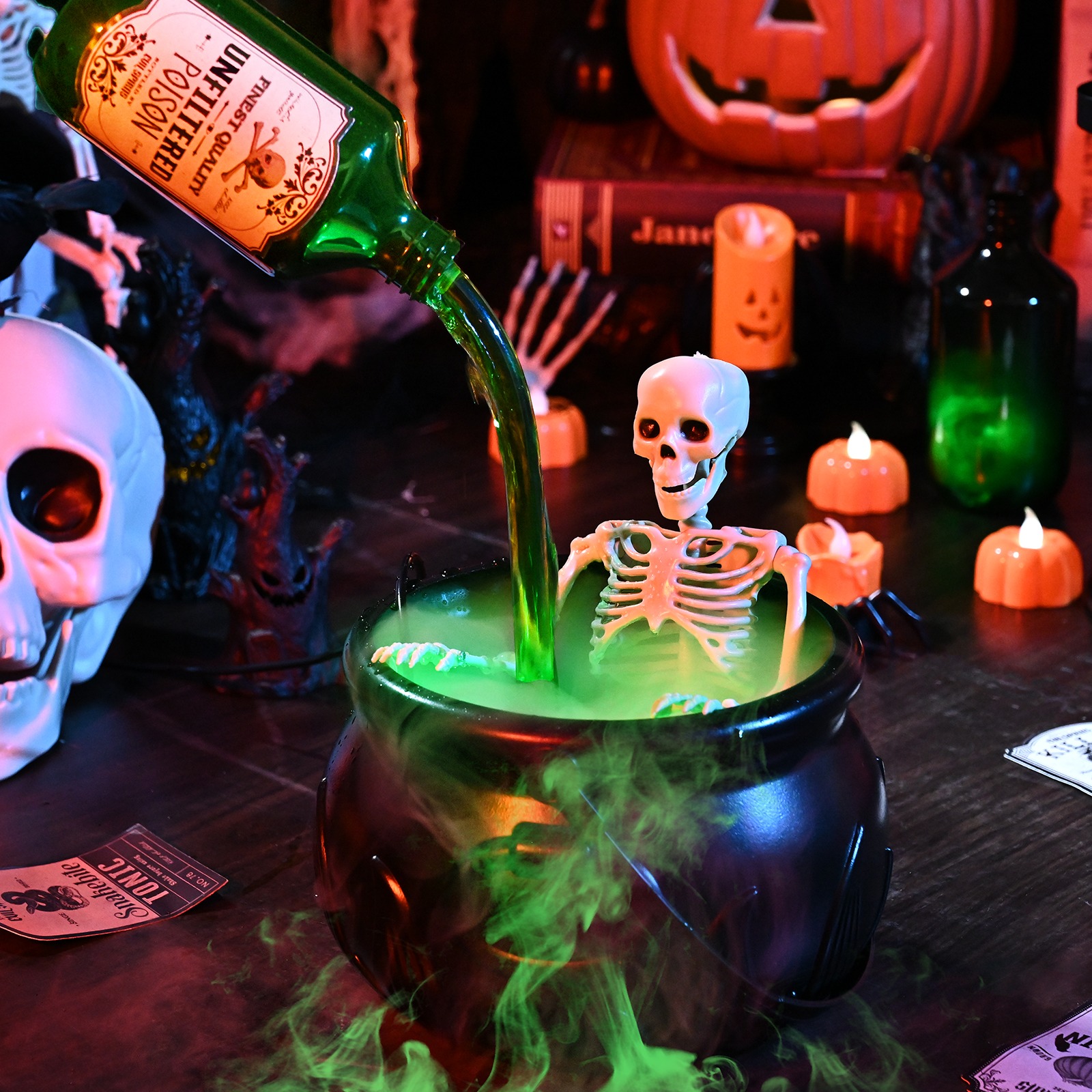 Cauldron Halloween Decor with Magic Floating Potion Bottles and Diffuser