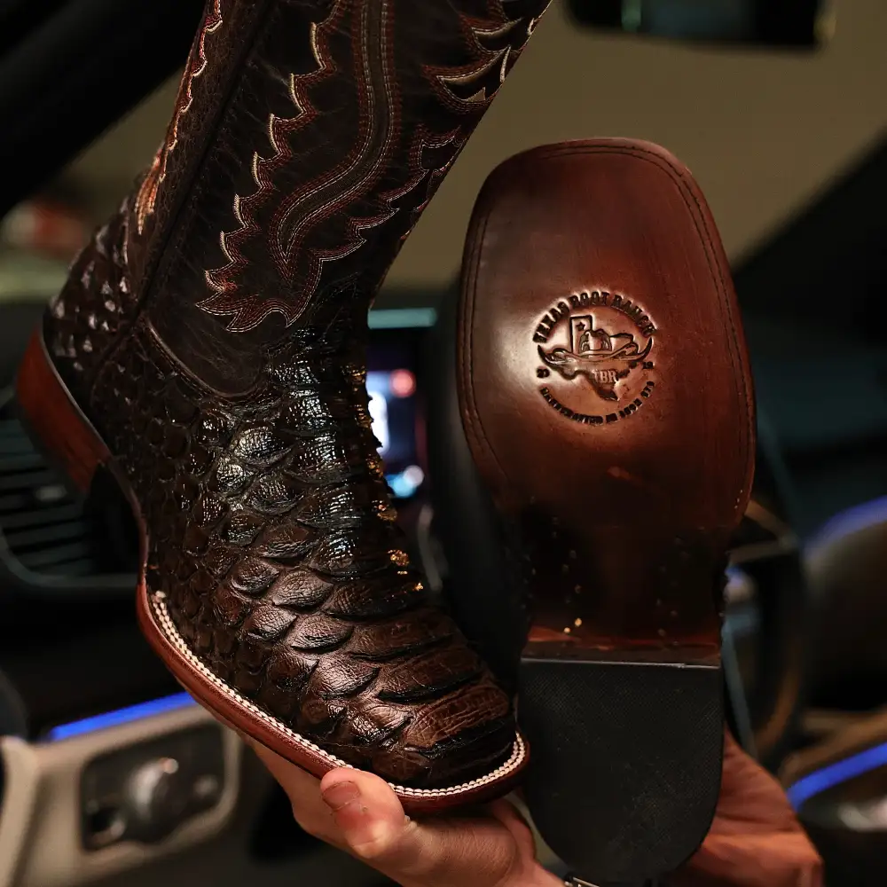 Chocolate Brown Python Leather Boots - Square Toe