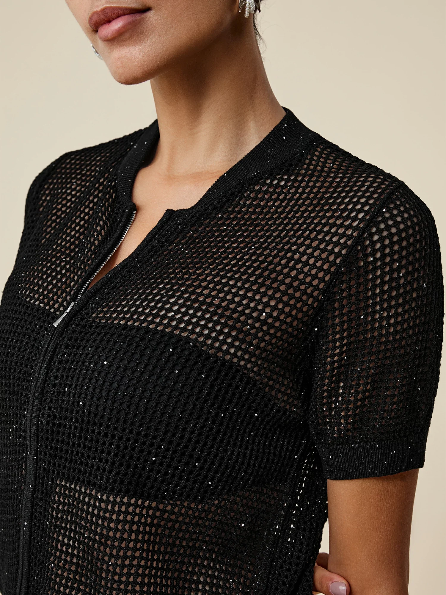 Lyocell & Linen Baseball Collar Sequin Cardigan