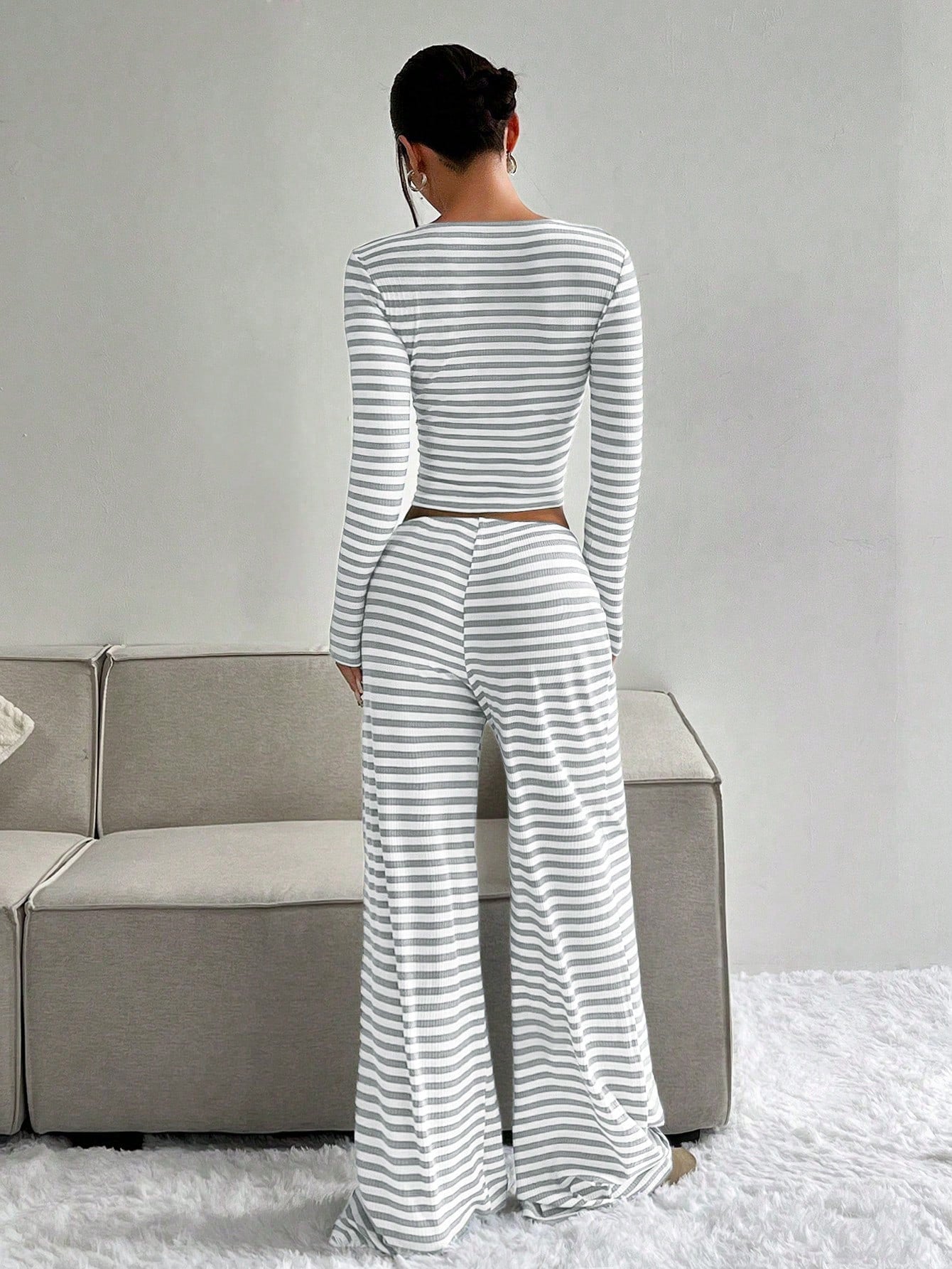 Women's Slouchy Square Neck Stripe Long Sleeve Crop Top & Low-Rise Wide Leg Trousers Co-ord, Minimalist Two Piece Outfits, Cozy Womenswear
