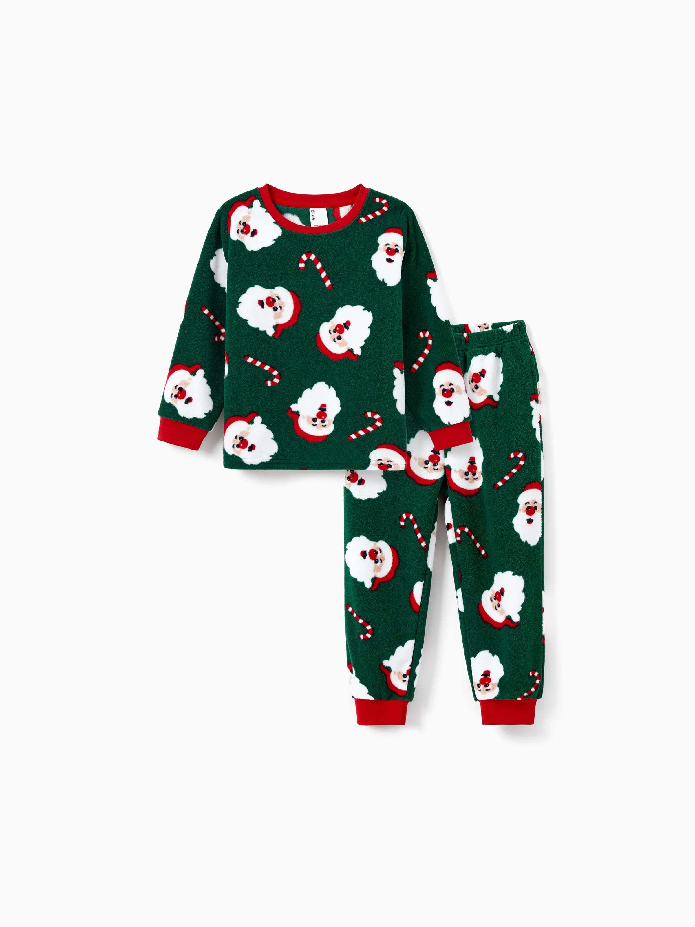 Christmas Matching Family Fleece Pajamas Set Santa Claus and Candy Cane Print PJS with Christmas Socks Dark Green